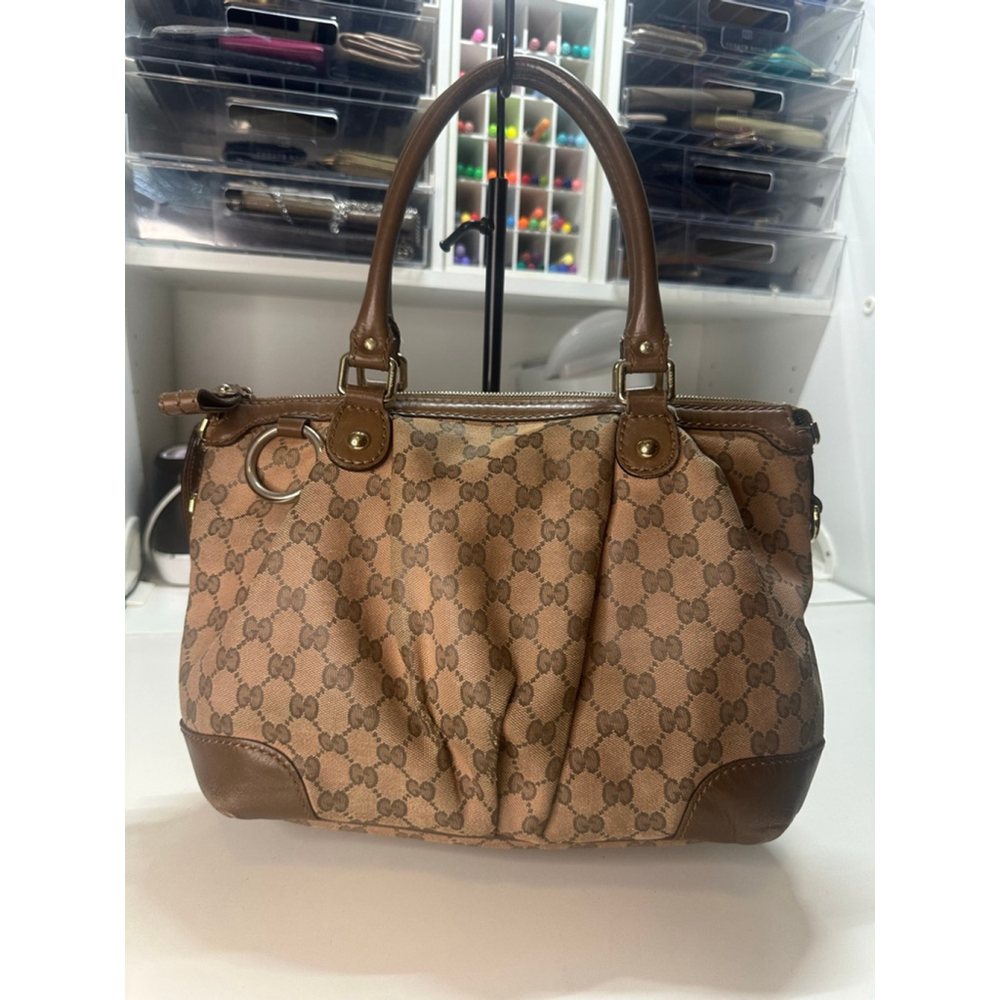 Women's Gucci Monogram Canvas Leather Trim Satchel Bag Brown/Tan One Size - Picture 2 of 16